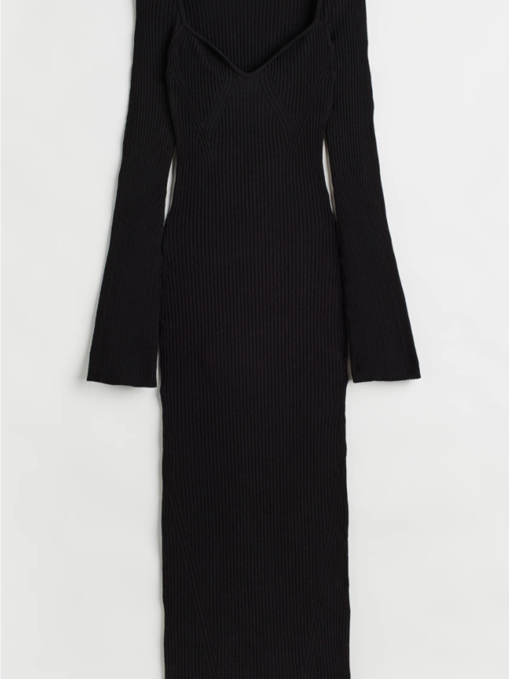 H&M Black Ribbed Sweetheart Long Sleeve Midi Dress